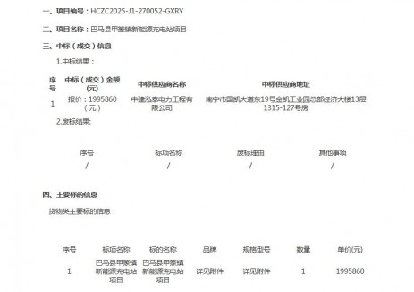 中标|广西河池市巴马县新能源充电站项目成交公告