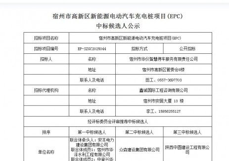 中标 | 江苏宿州市高新区电动汽车充电桩项目中标候选人公示