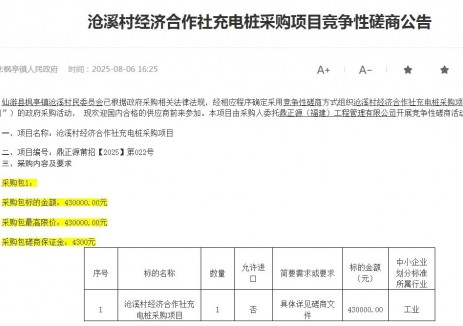 招标 | 福建莆田市沧溪村经济合作社充电桩采购项目竞争性磋商公告