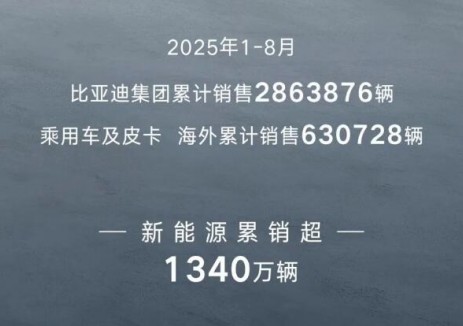 比亚迪8月销售373626辆，2025年1-8月累计销售2863876辆