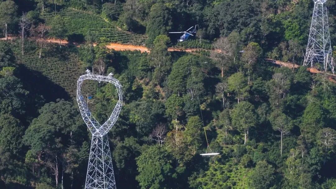 在中老500千伏电力联网工程（国内段）施工现场，建设团队采用“无人机+直升机”吊运电力物资，保护热带雨林生态环境。（云南电网公司 供图）.jpg
