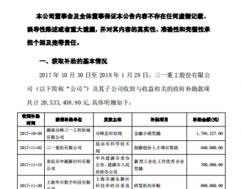 三一重工收到2053万元<em>政府补贴</em>