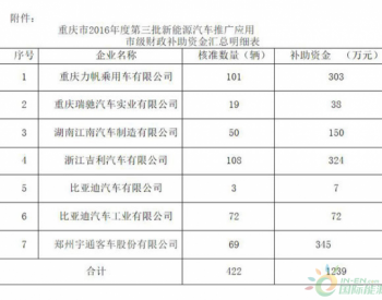 重庆-2016年第三批新<em>能源汽车补贴</em>，7家车企将分1239万元