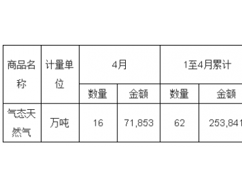2018年4月中国气态<em>天然气出口量</em>统计表