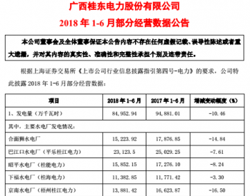 2018年1-6月广西<em>桂东电力</em>发电量同比下降10.46%