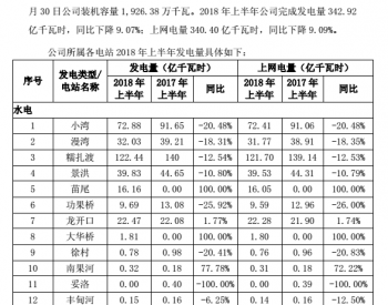 华能<em>澜沧江水电</em>2018年上半年完成发电量342.92亿千瓦时 同比下降9.07%