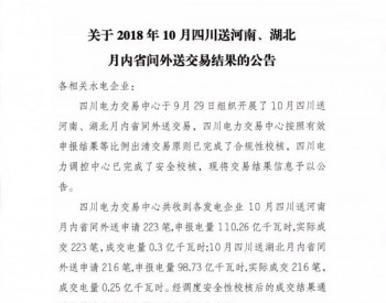 关于2018年10月四川送河南、湖北月内省间外送交易结果的公告