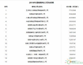 2018年湖南售电公司售电龙虎榜 <em>五凌</em>售电暂居榜首