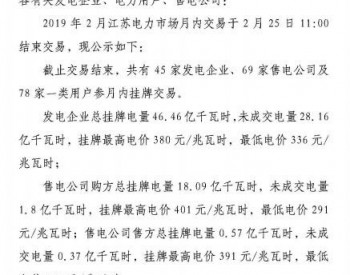 江苏2019年2月电力市场月内交易：成<em>交电量</em>18. 8亿千瓦时