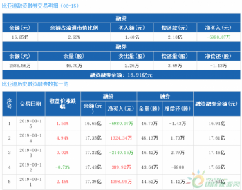 比亚迪：融资净偿还6980.07万元，融资余额16.65亿元（03-15）