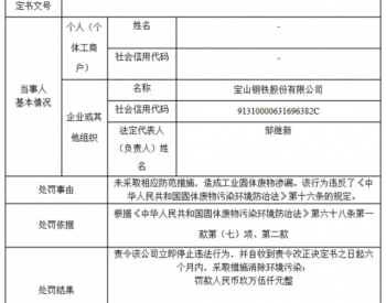 <em>宝钢</em>股份工业固体废物渗漏 遭上海监管罚9.5万