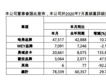 长城汽车2020年7月<em>新能源车销售</em>3251台