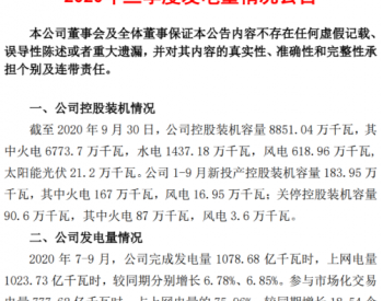 国电电力：<em>2020年前</em>三季光伏累计发电2.48亿千瓦时，同比增1.13%