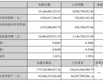 宁德时代2021年一季度净利19.54亿元，同比增长163.38%