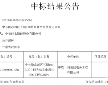 中标 | 中节能凉州区五期100兆瓦<em>并网光伏发电项目</em>EPC工程总承包中标结果公告