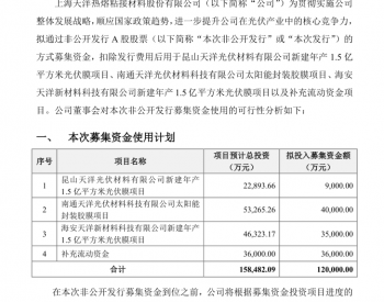 上海天洋拟募资12亿元，用于光伏<em>胶膜</em>扩产项目