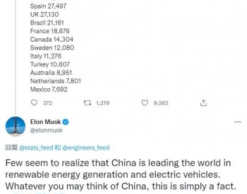 中國<em>風電裝機量</em>是美國兩倍多，馬斯克稱中國電動汽車、可再生能源領先世界