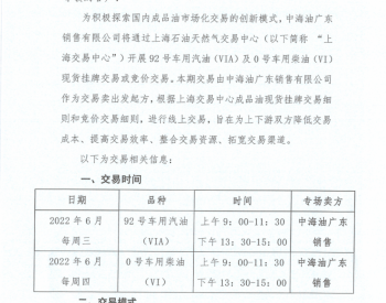 <em>中海油</em>广东销售有限公司关于2022年6月开展92号车用汽油(VIA)及0号车用柴油(VI)现货交易的公告