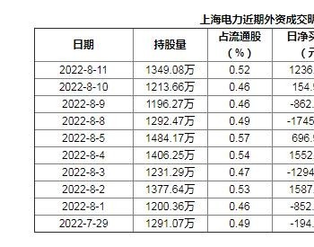 【沪深股通】上海电力8月11日获外资买入0.05%股份