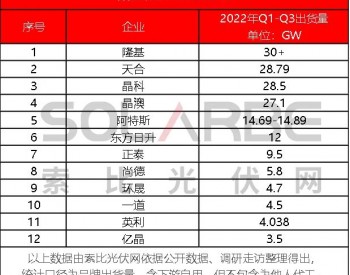 2022年前三季度<em>光伏组件出货量</em>榜单Top12发布！