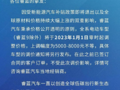 <em>睿蓝汽车</em>于明年1月开始涨价，上涨幅度5000-8000元不等