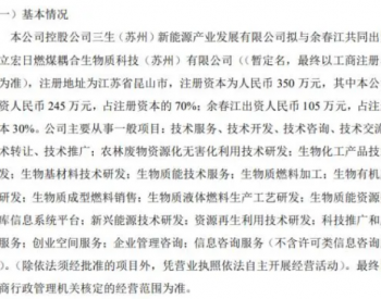 宏日股份控股公司拟投资245万设立宏日<em>燃煤</em>耦合生物质科技（苏州）有限公司 持股70%