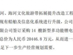 海河游船与枝江盛懋船业签订采购14艘新型<em>多功能锂电游船</em>及智能化游客服务设施合同 合同总价为2.04亿