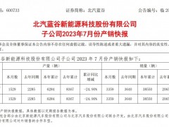 北汽蓝谷：<em>北京新能源</em>汽车7月销售汽车3359辆，今年累计同比增长86.68%