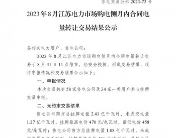 2023年8月<em>江苏电力</em>市场购电侧月内合同电量转让交易结果公示