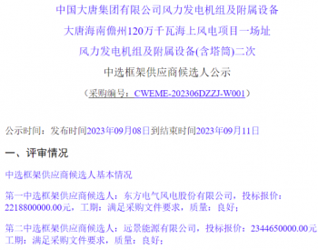中标 | 含塔筒3698元/kW！东方风电预中标大唐600MW海上风电项目