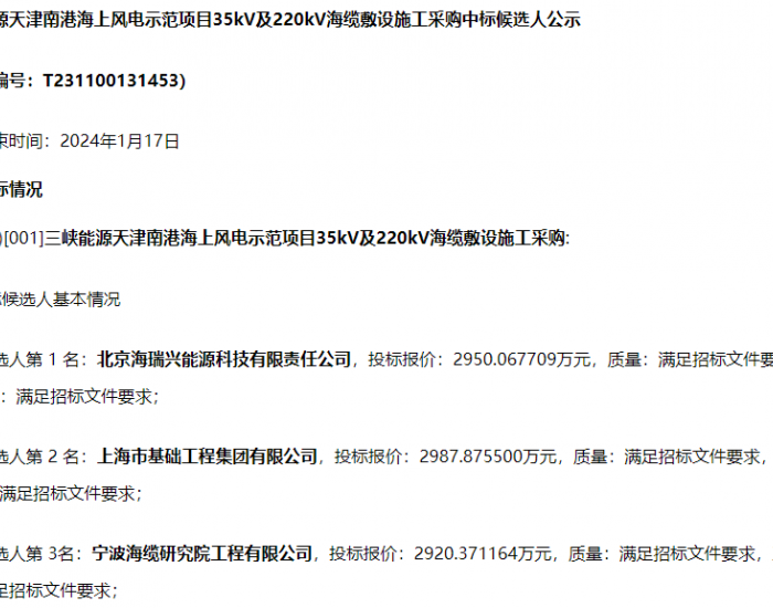 中标 | 海瑞兴、上海基础工程集团、<em>宁波海缆</em>研究院预中标三峡能源天津南港海上风电示范项目