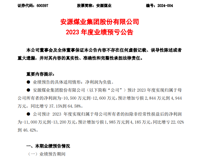 <em>安源</em>煤业2023年度业绩预亏公告
