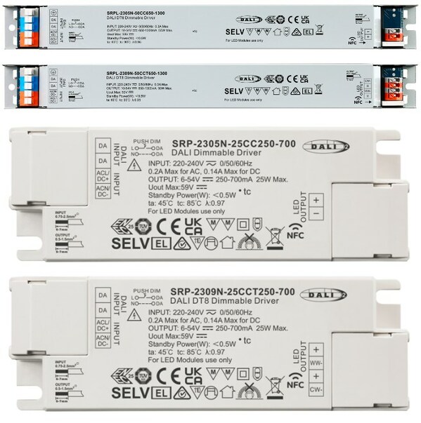 晟瑞科技获TÜV南德品鉴标签的DALI驱动电源产品 （型号：SRPL-2305N-50CC650-1300、SRPL-2309N-50CCT650-1300、SRP-2305N-25CC250-700、SRP-2309N-25CCT250-700）