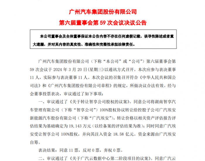 广汽集团：拟将智享公司100%股权协议转让给子公司广汽埃安