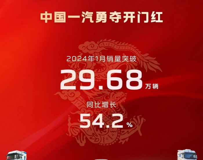 中国一汽1月销量突破29.68 <em>万辆</em>，同比增长54.2%