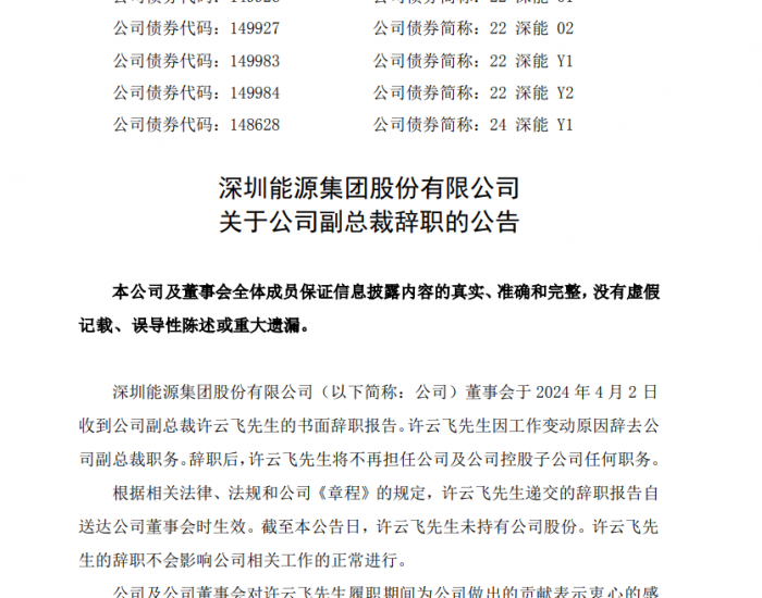 深圳能源集团股份有限公司（以下<em>简</em>称“深圳能源”）副总裁许云飞辞职
