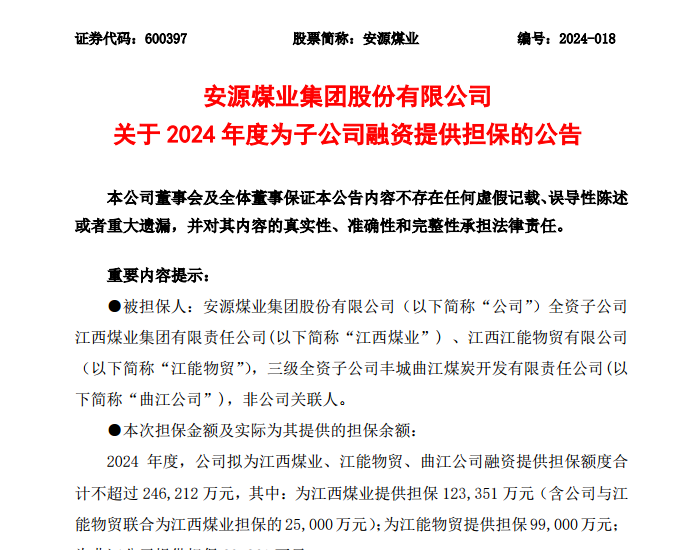 <em>安源</em>煤业2024年为子公司提供24.62亿元融资担保