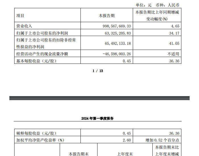 振<em>江</em>股份：2024年一季度总营收9.99亿元，同比增长4.65%