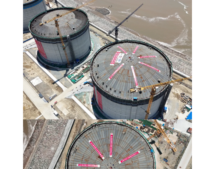 中国化学十四化建承建的上海<em>LNG站</em>线扩建项目两台22万方低温储罐升顶成功