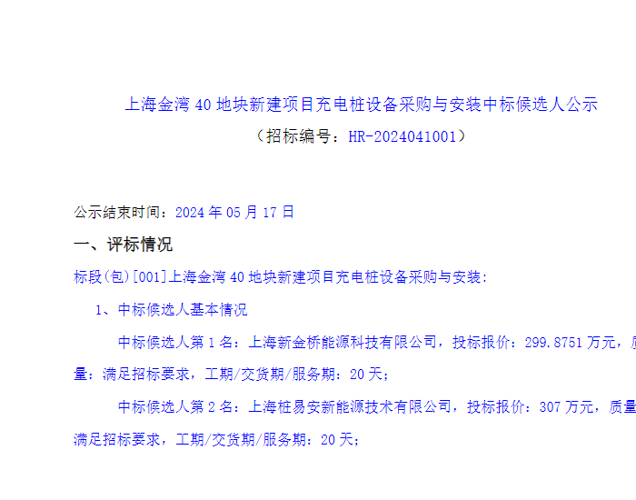 中标 | 上海新金桥能源科技有限公司中标金湾40地块新建项目<em>充电桩</em>设备采购与安装