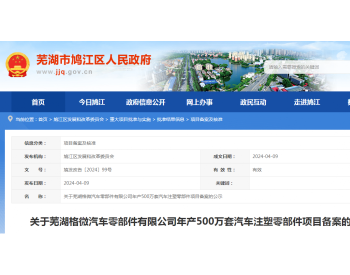 安徽<em>芜湖</em>格微汽车零部件有限公司年产500万套汽车注塑零部件项目备案