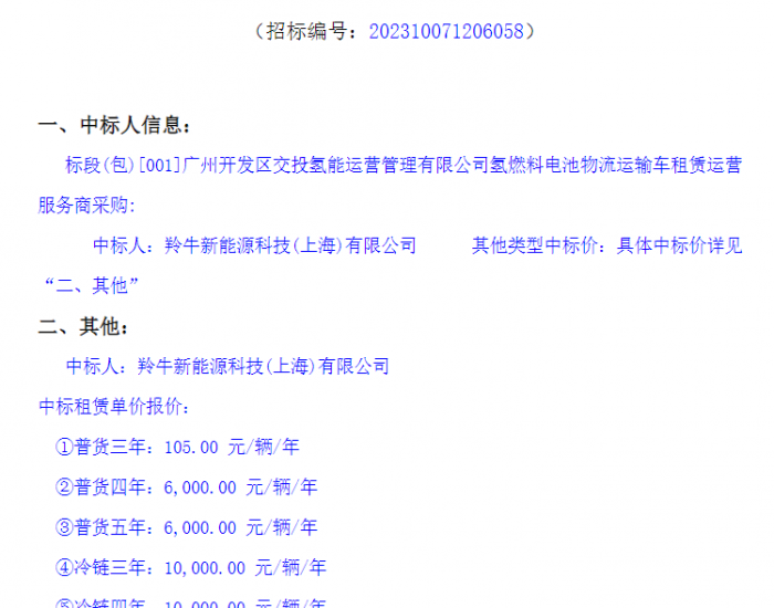 中标 | 广州开发区氢燃料电池物流运输车租赁运营服务<em>中标公告</em>发布