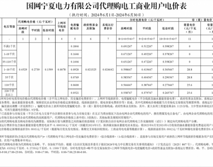 国网宁夏电力有限公司发布2024年6月<em>代理</em>购电工商业用户电价表
