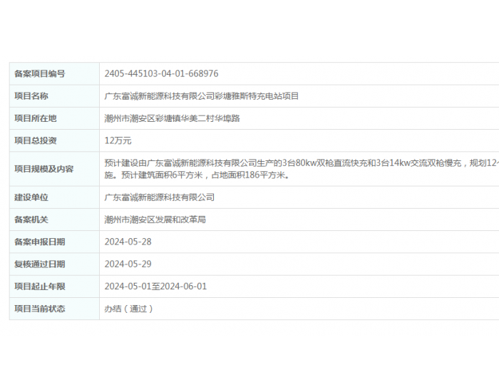 广东富诚新能源科技有限公司彩塘雅斯特<em>充电</em>站项目获备案