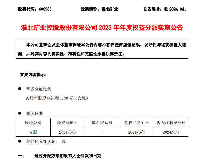 淮北<em>矿业</em>发布2023年度权益分派实施公告