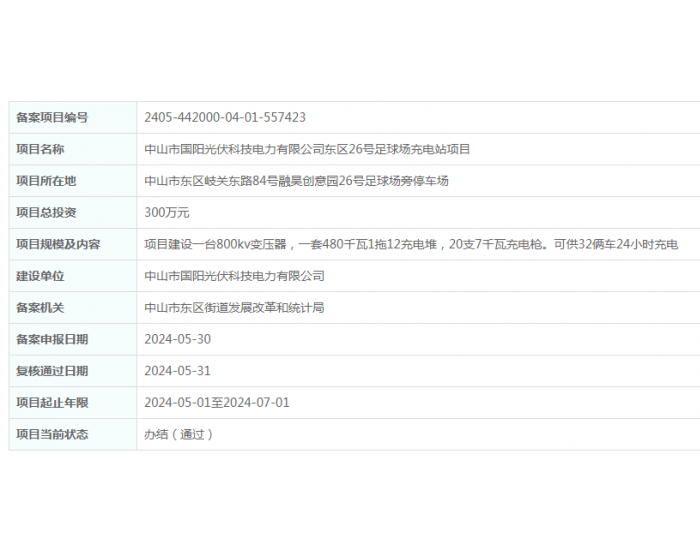 广东中山市国阳<em>光伏科技</em>电力有限公司东区26号足球场充电站项目获备案