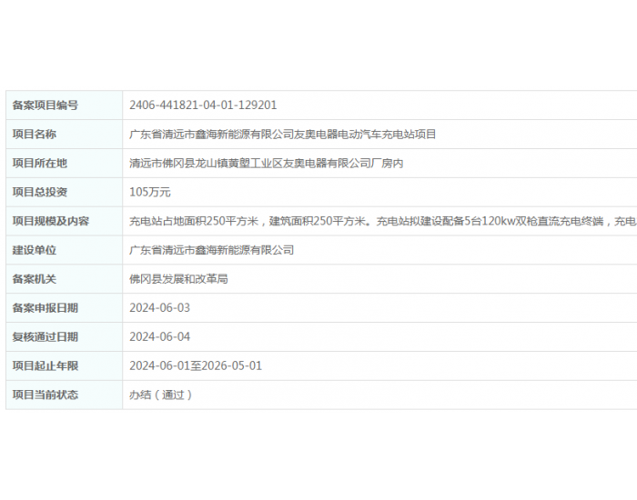 广东省清远市鑫海<em>新能源有</em>限公司友奥电器电动汽车充电站项目获备案