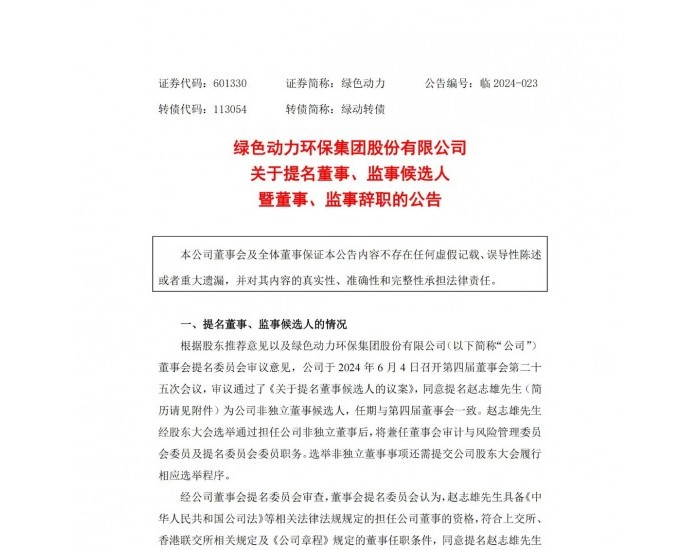绿色动力：提名赵志雄为公司非独立董事候选人、审计与风险管理委员会委员及提名委员会委员候选人