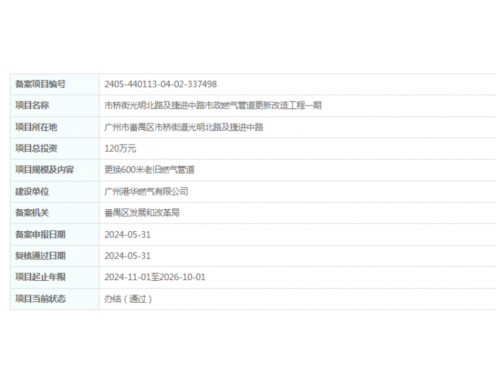 广州港华燃气有限公司市桥街光明北路及捷进中路市政燃气管道更新改造工程<em>一</em>期获备案