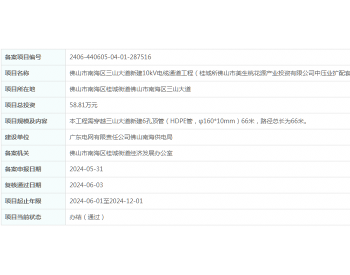 佛山市南海区三山大道新建10kV<em>电缆</em>通道工程获备案